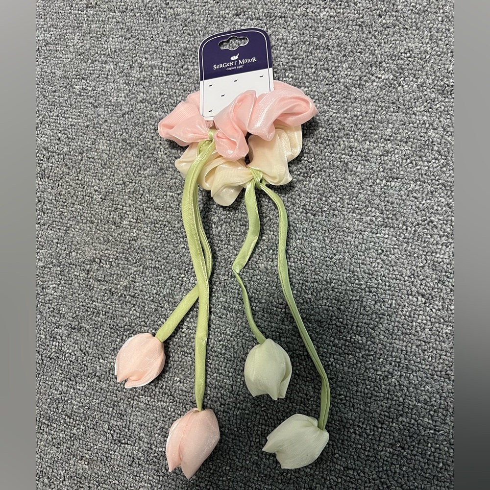SerGent Major Pink & Cream Floral Scrunchie with Green Tulip Dangles